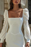 Ivory Corset Bodycon Square Neck Short Graduation Dress with Sleeves