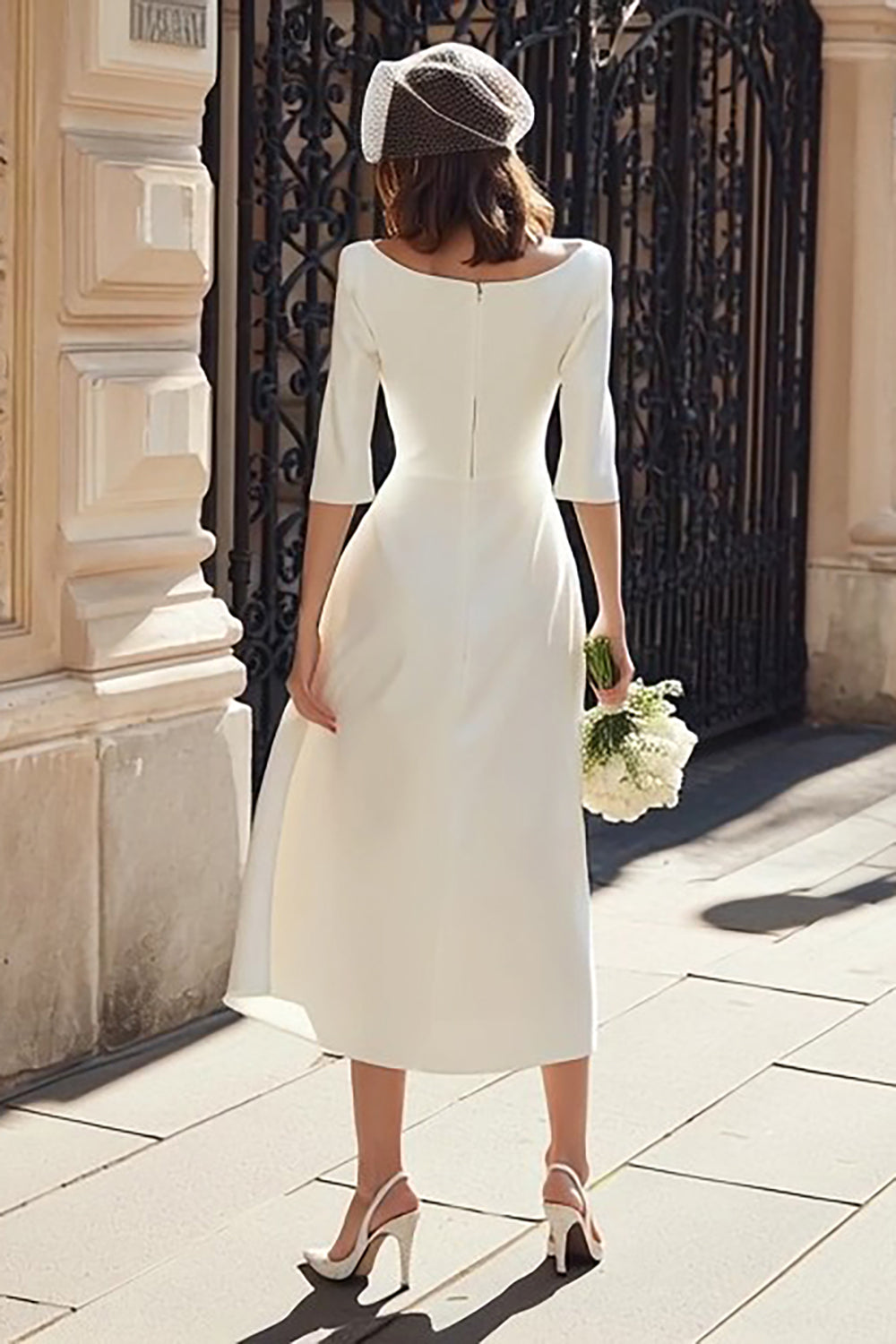 ZAPAKA Women Ivory Sheath Long Engagement Dress with Sleeves Satin