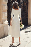 Ivory Sheath Satin Bateau Neck Long Engagement Dress with Sleeves