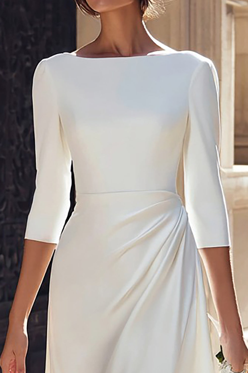 ZAPAKA Women Ivory Sheath Long Engagement Dress with Sleeves Satin Bateau Neck Ruched Rehearsal Dinner Dress, Ivory / US12 ZAPAKA Women Ivory Sheath Long Engagement Dress with Sleeves Satin Bateau Neck Ruched Rehearsal Dinner Dress, Ivory / US12