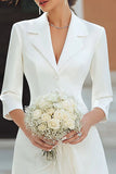 Ivory Notched Lapel A Line Short Work Dress with Sleeves