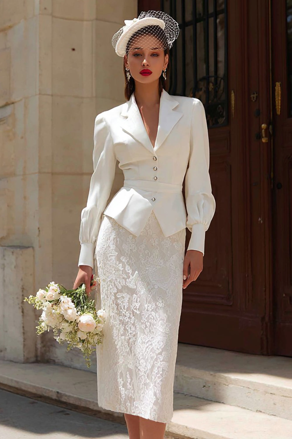 Zapaka Women Ivory 2 Piece Midi Engagement Dress Notched Lapel Long Sleeves Wedding Reception Dress, Ivory / 2XL Zapaka Women Ivory 2 Piece Midi Engagement Dress Notched Lapel Long Sleeves Wedding Reception Dress, Ivory / 2XL
