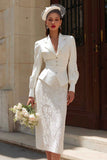 Ivory 2 Piece Notched Lapel Long Sleeves Midi Engagement Dress