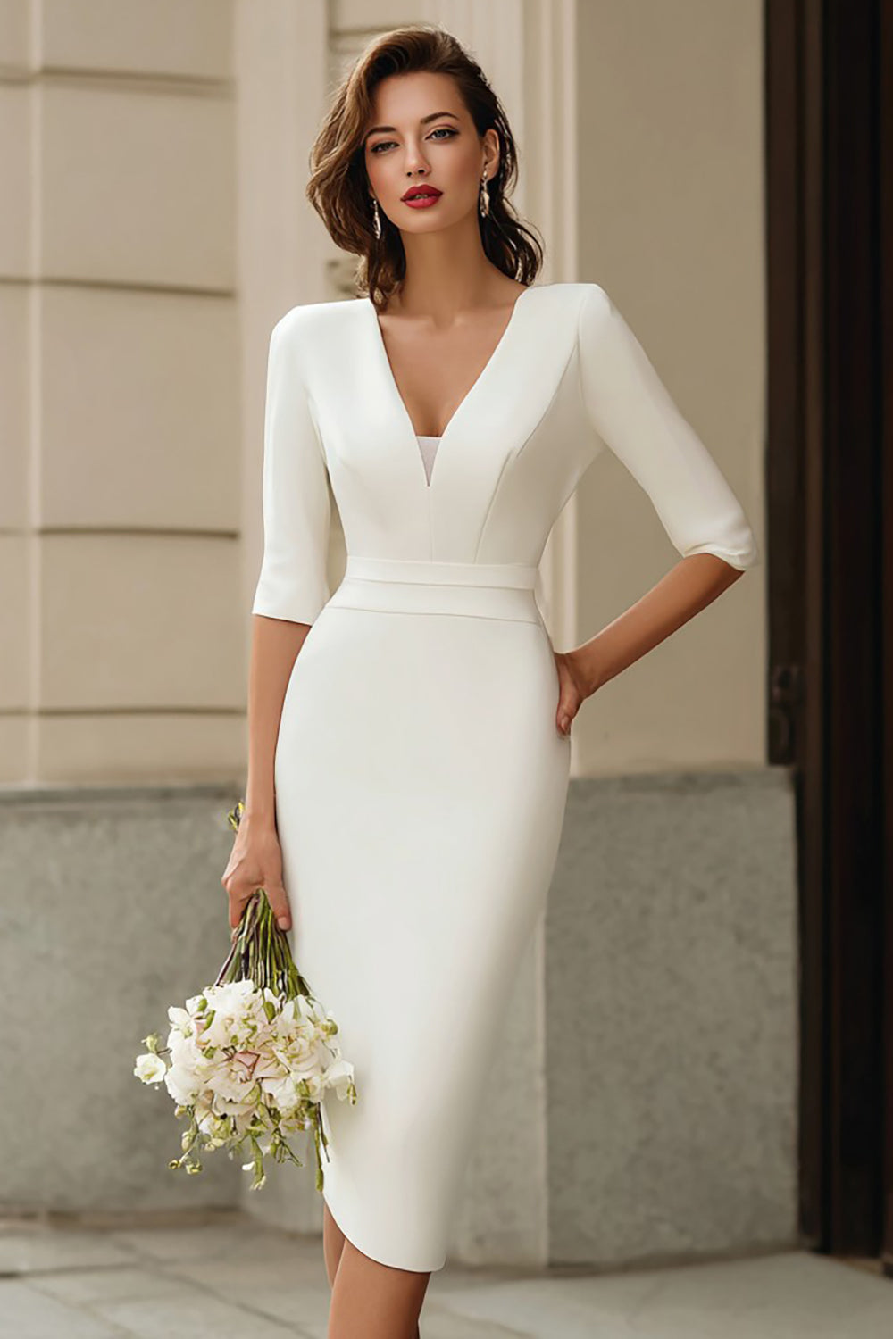 Zapaka Women Ivory Bodycon Midi Egagement Dress V-Neck Half Sleeve Wedding Reception Dress, Ivory / US22W Zapaka Women Ivory Bodycon Midi Egagement Dress V-Neck Half Sleeve Wedding Reception Dress, Ivory / US22W