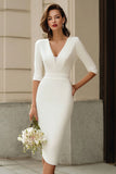 Ivory Bodycon V-Neck Half Sleeve Midi Egagement Dress