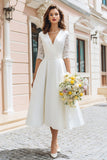 Ivory V-Neck A Line Tea Length Engagement Dress with Lace