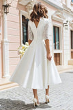 Ivory V-Neck A Line Tea Length Engagement Dress with Lace