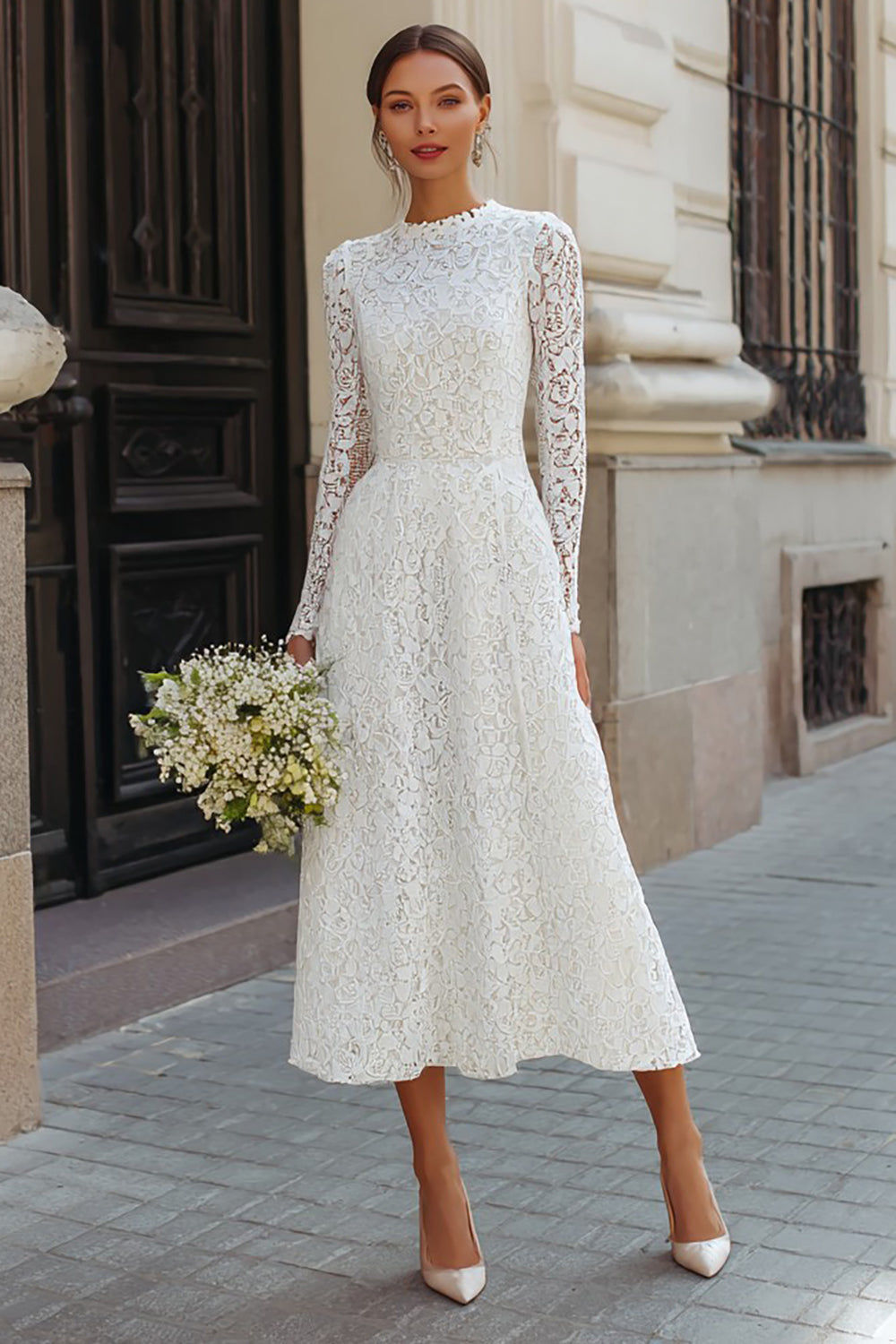 Zapaka Women Ivory Lace Tea Length Engagement Dress A Line Long Sleeves Round Neck Wedding Reception Dress, Ivory / US12 Zapaka Women Ivory Lace Tea Length Engagement Dress A Line Long Sleeves Round Neck Wedding Reception Dress, Ivory / US12