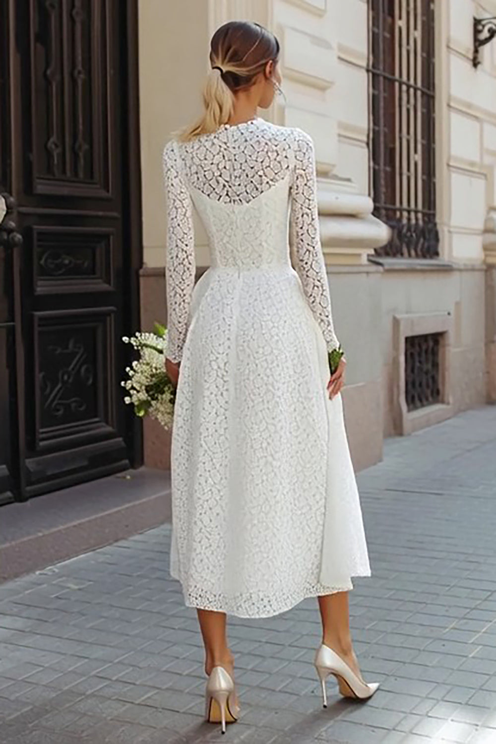 Zapaka Women Ivory Lace Tea Length Engagement Dress A Line Long Sleeves Round Neck Wedding Reception Dress, Ivory / US12 Zapaka Women Ivory Lace Tea Length Engagement Dress A Line Long Sleeves Round Neck Wedding Reception Dress, Ivory / US12