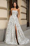 White Black A Line Strapless Polka Dots Long Prom Dress with Slit