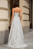 White Black A Line Strapless Polka Dots Long Prom Dress with Slit