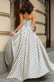 White Black A Line Strapless Polka Dots Long Prom Dress with Slit