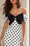 Off the Shoulder White Black Mermaid Polka Dots Long Prom Dress with Bow