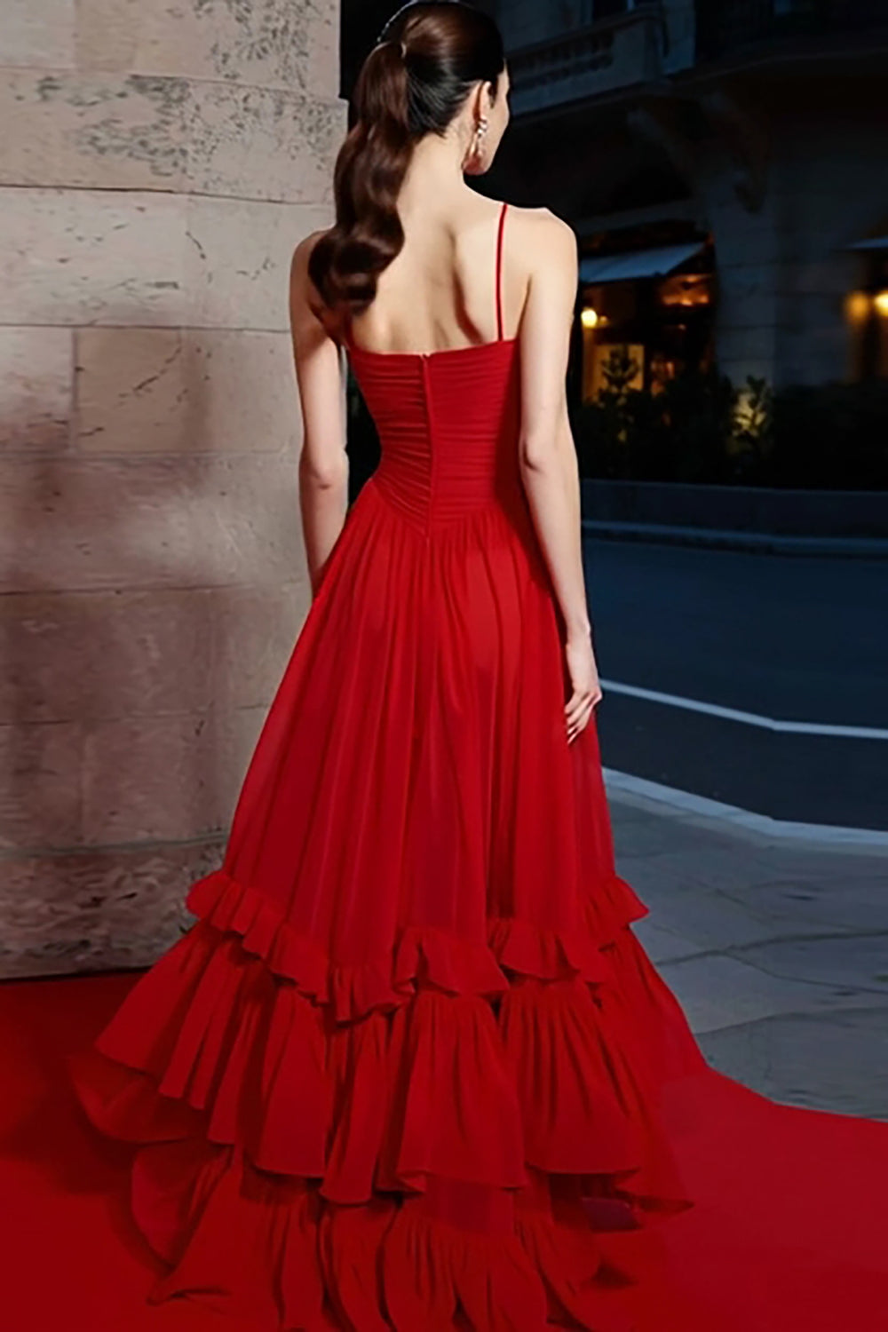 Zapaka Women Red A Line Long Prom Dress Spaghetti Straps Chiffon Ruched Gala Dress with Ruffles, Red / US8 Zapaka Women Red A Line Long Prom Dress Spaghetti Straps Chiffon Ruched Gala Dress with Ruffles, Red / US8