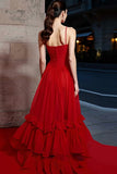 A Line Ruched Spaghetti Straps Long Red Carpet Dress with Ruffles
