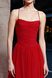 A Line Ruched Spaghetti Straps Long Red Carpet Dress with Ruffles