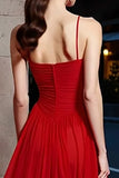 A Line Ruched Spaghetti Straps Long Red Carpet Dress with Ruffles