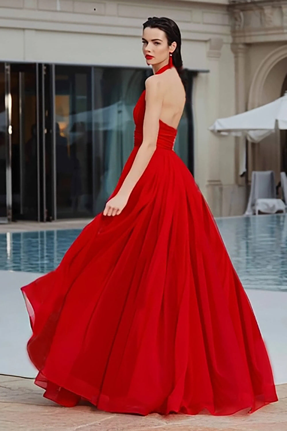Zapaka Women Red Long Prom Dress Halter A Line Pleated Tulle Evening Dress, Red / US8 Zapaka Women Red Long Prom Dress Halter A Line Pleated Tulle Evening Dress, Red / US8