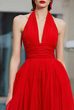 A Line Halter Pleated Tulle Backless Long Red Carpet Dress