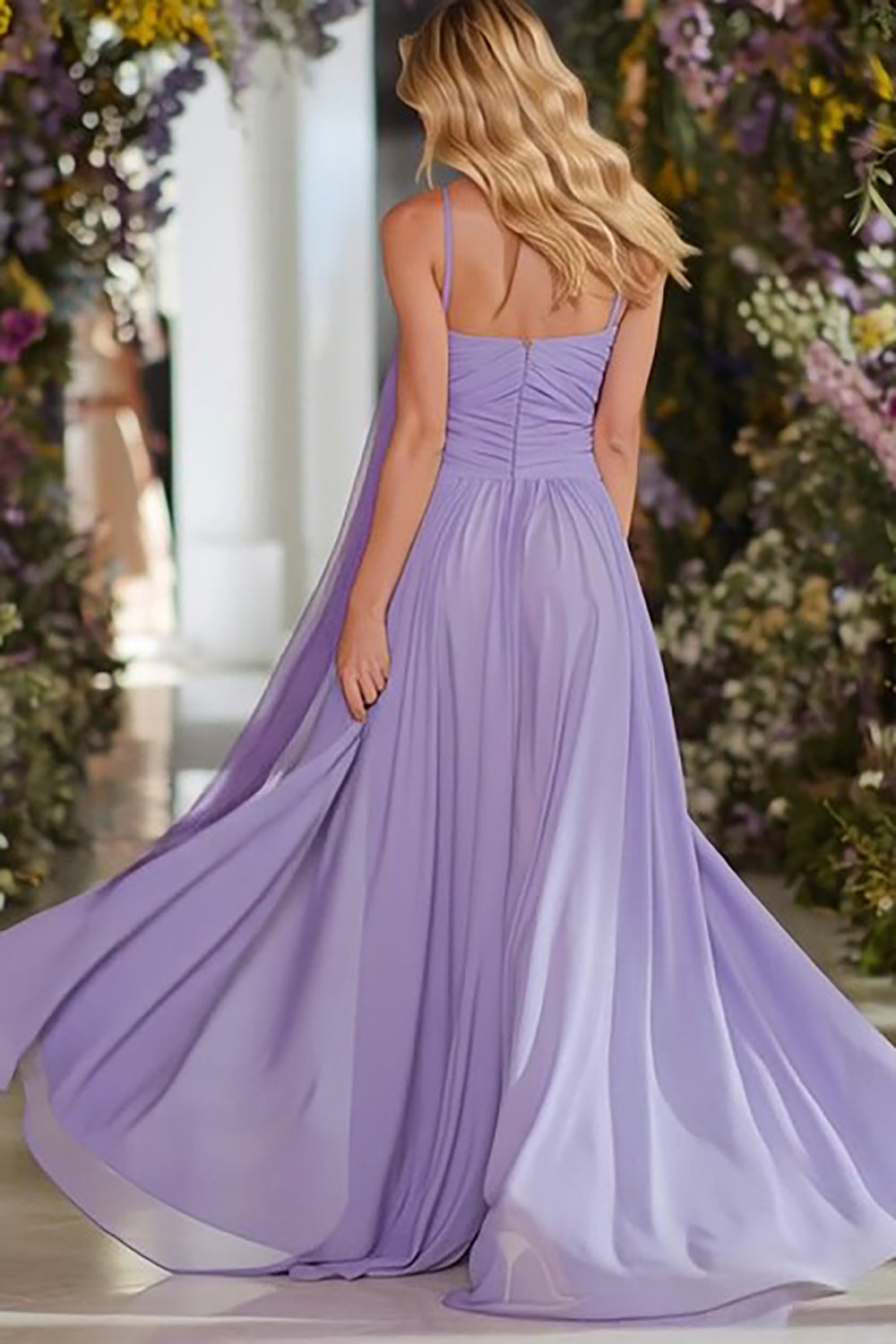 ZAPAKA Women Lilac Prom Dress with Streamer Chiffon Ruched Spaghetti Straps Long Evening Dress ZAPAKA Women Lilac Prom Dress with Streamer Chiffon Ruched Spaghetti Straps Long Evening Dress