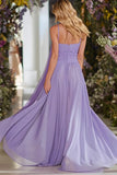 Lilac A Line Ruched Long Prom Dress with Streamer