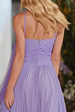 Lilac A Line Ruched Long Prom Dress with Streamer