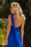 Strapless Royal Blue Ruched A Line Prom Dress