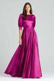Fuchsia Satin Half Sleeves A Line Long Formal Dress
