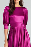 Fuchsia Satin Half Sleeves A Line Long Formal Dress
