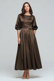 Coffee Boat Neck Satin Midi Formal Dress