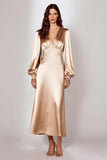 Champagne V-Neck Satin Long Sleeves Formal Dress