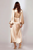 Champagne V-Neck Satin Long Sleeves Formal Dress