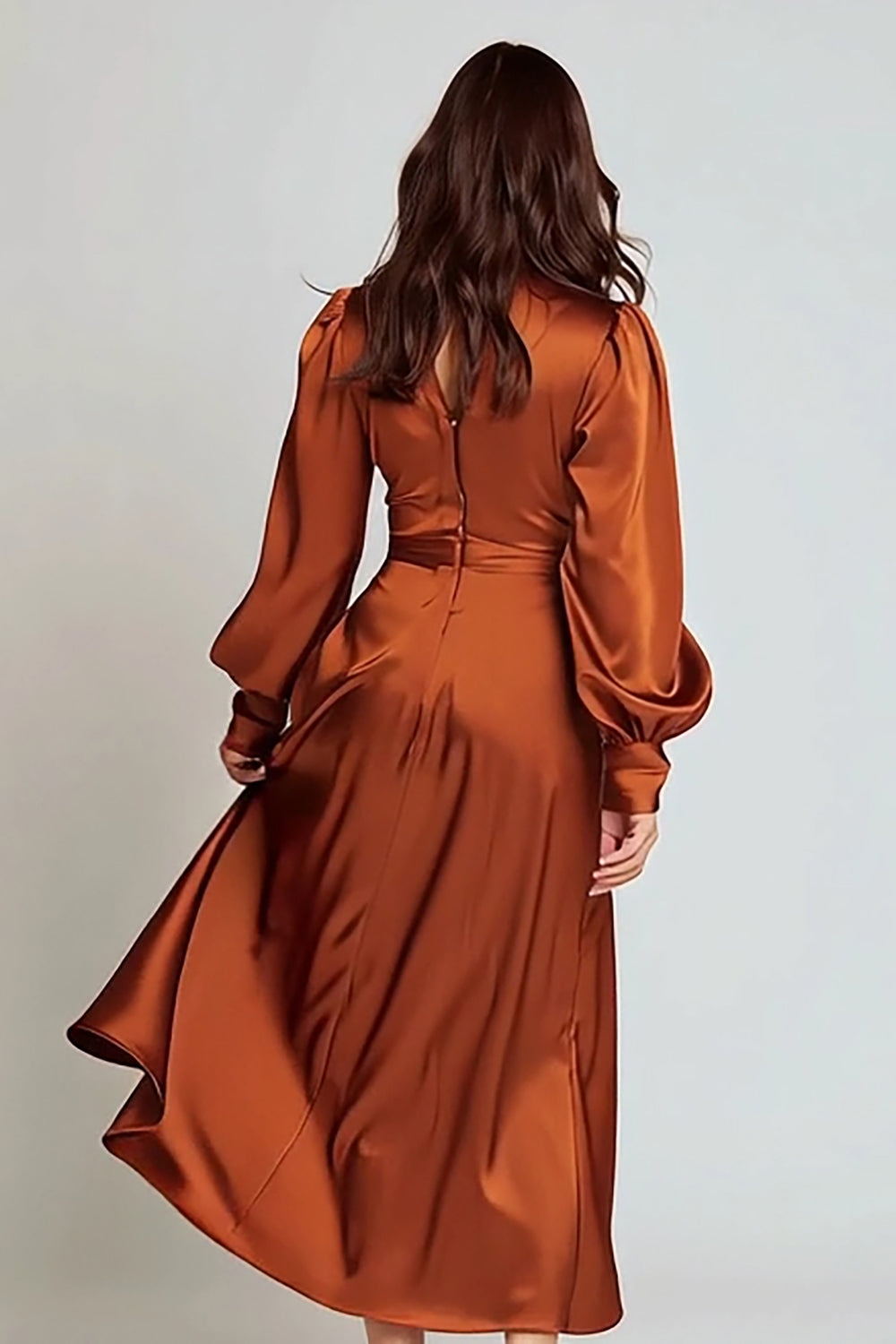 Zapaka Women Rust Satin A Line Midi Formal Dress V-Neck Long Sleeves Evening Dress ZAPAKA Zapaka Women Rust Satin A Line Midi Formal Dress V-Neck Long Sleeves Evening Dress ZAPAKA