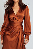 Rust Satin A Line V-Neck Midi Formal Dress