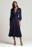 Navy Satin V Neck Ruched Long Sleeves Formal Dress