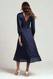 Navy Satin V Neck Ruched Long Sleeves Formal Dress