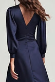 Navy Satin V Neck Ruched Long Sleeves Formal Dress
