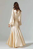 Champagne V-Neck Satin Sheath Long Formal Dress