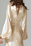 Champagne V-Neck Satin Sheath Long Formal Dress