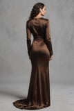 Coffee Sheath Satin Ruched Long Sleeves Formal Dress