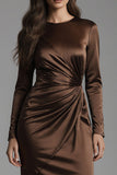 Coffee Sheath Satin Ruched Long Sleeves Formal Dress