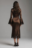 Coffee Satin Sheath Long Sleeves Formal Dress with Lace