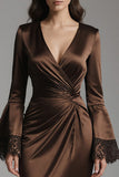 Coffee Satin Sheath Long Sleeves Formal Dress with Lace