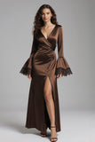 Coffee Satin V-Neck Long Sheath Formal Dress with Slit