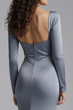 Dusty Blue Satin Sheath Long Sleeves Formal Dress with Rhinestones