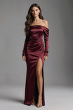 Burgundy Sheath Off the Shoulder Satin Long Formal Dress with Slit