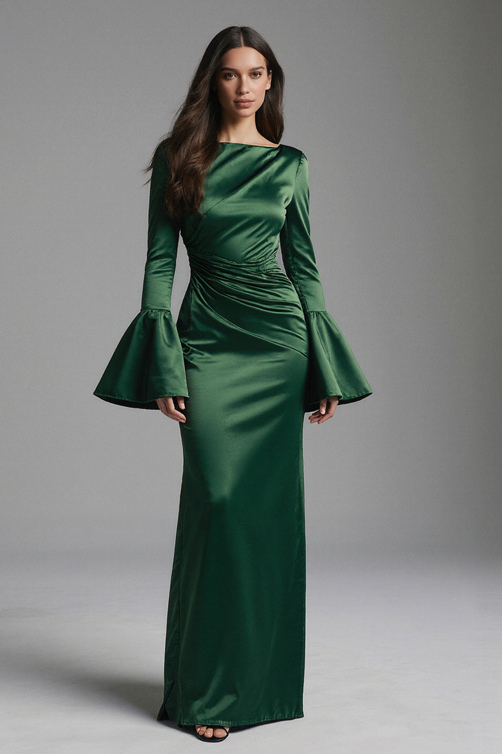Zapaka Women Dark Green Satin Sheath Long Formal Dress Bateau Neck Long Sleeves Backless Evening Dress, Dark Green / US16 Zapaka Women Dark Green Satin Sheath Long Formal Dress Bateau Neck Long Sleeves Backless Evening Dress, Dark Green / US16