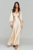Champagne Satin V-Neck A Line Long Formal Dress