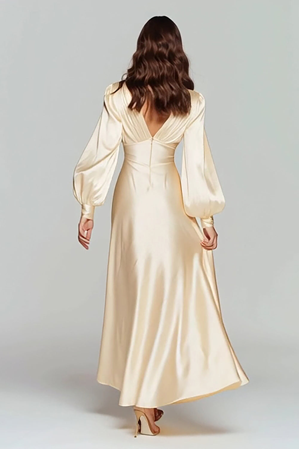 Zapaka Women Champagne Satin V-Neck Formal Dress A Line Long Sleeves Evening Dress, Champagne / US2 Zapaka Women Champagne Satin V-Neck Formal Dress A Line Long Sleeves Evening Dress, Champagne / US2