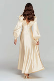 Champagne Satin V-Neck A Line Long Formal Dress